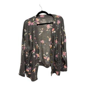 Heather Gray Floral Knit Cardigan | Soft Button-Up Loungewear Casual Layer | 2X